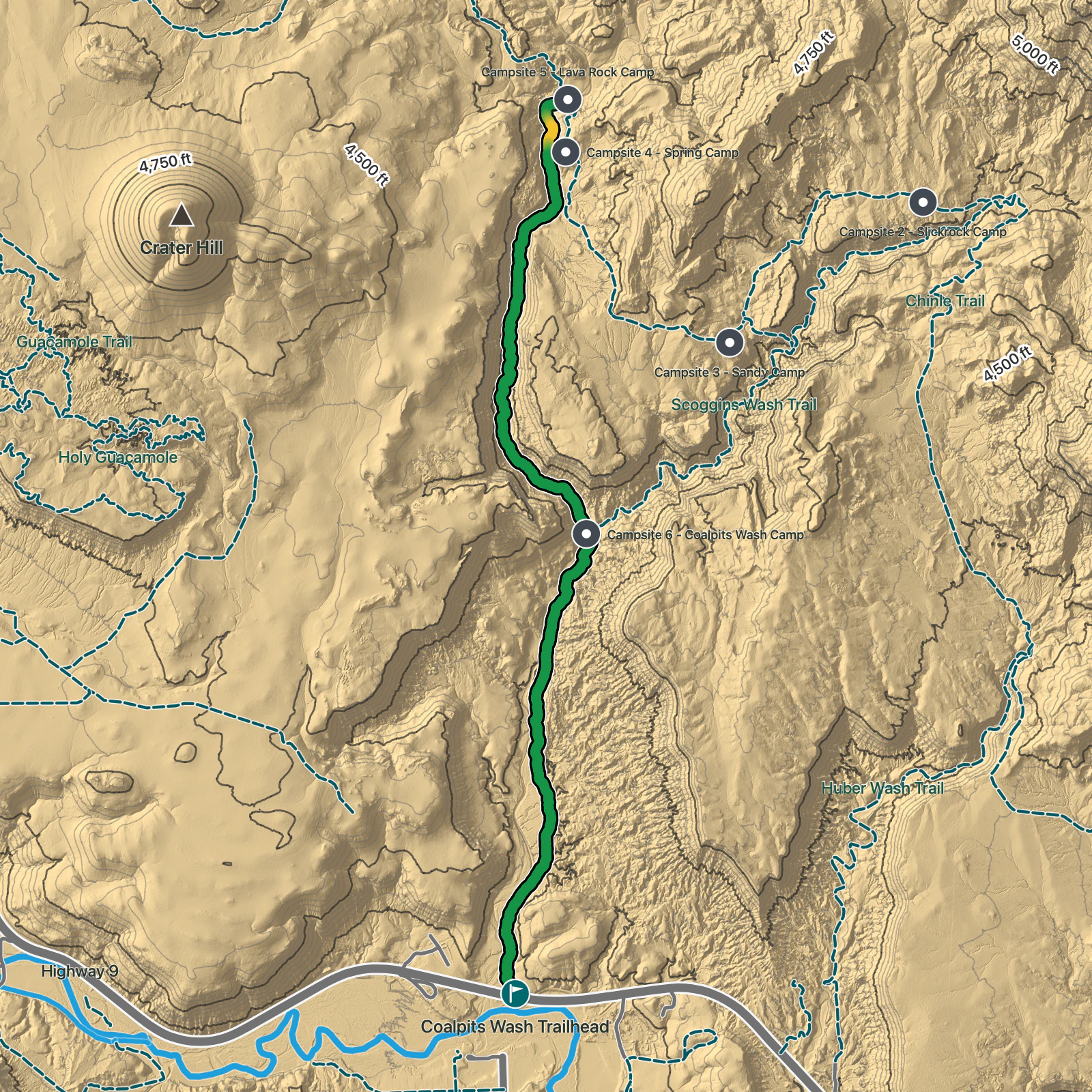 Terrain map of Coalpits Wash in Zion National Park