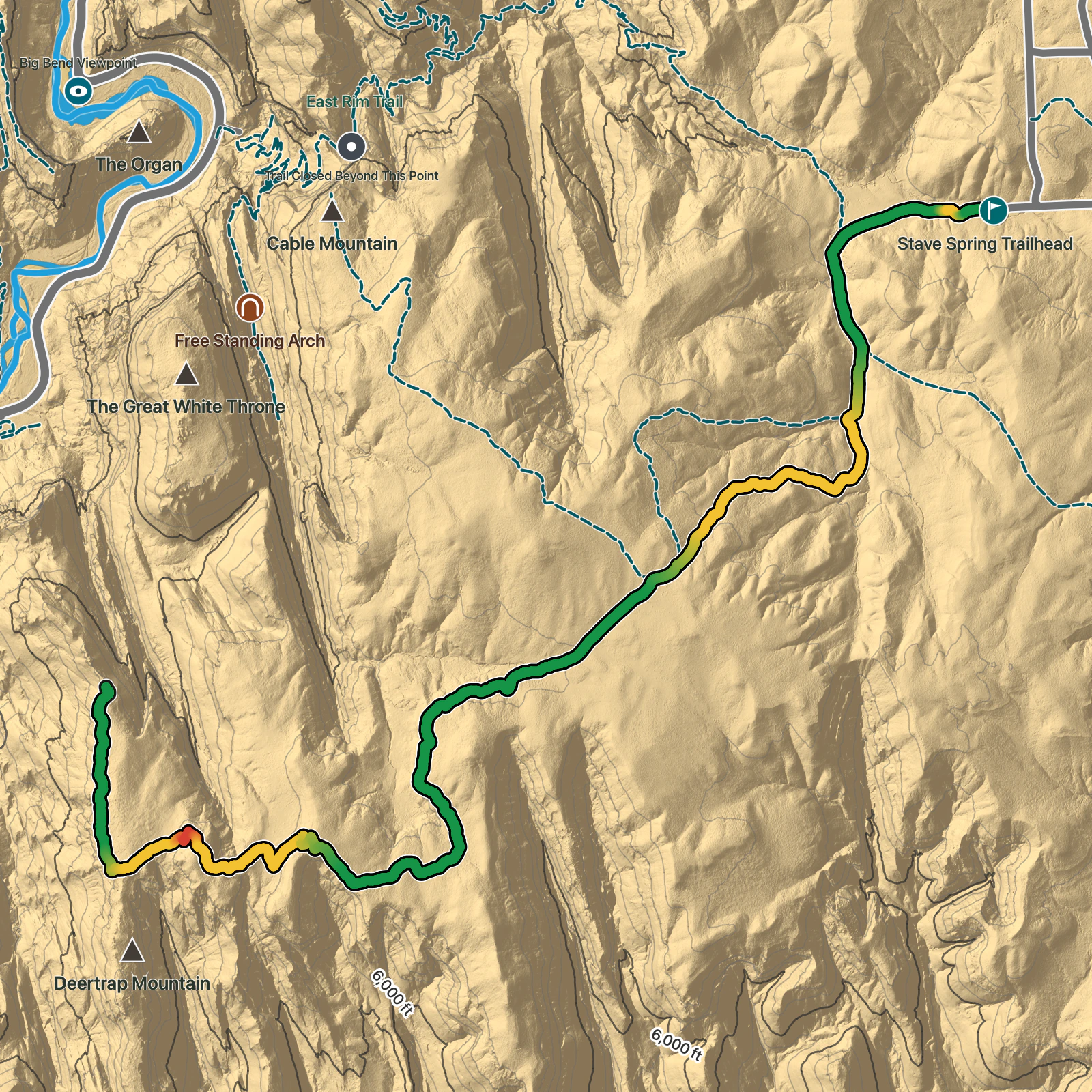 Terrain map of Deertrap Mountain from Stave Spring in Zion National Park