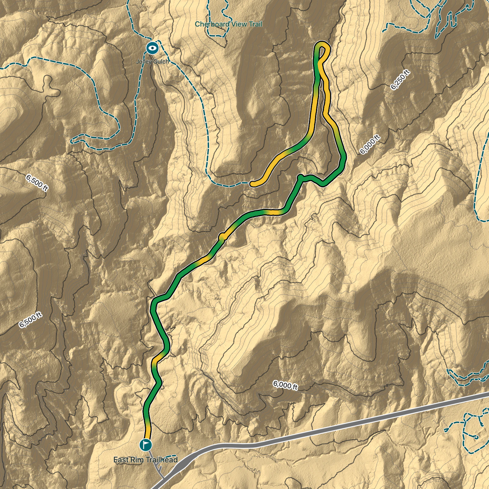 Terrain map of East Rim Trail to Overlook in Zion National Park