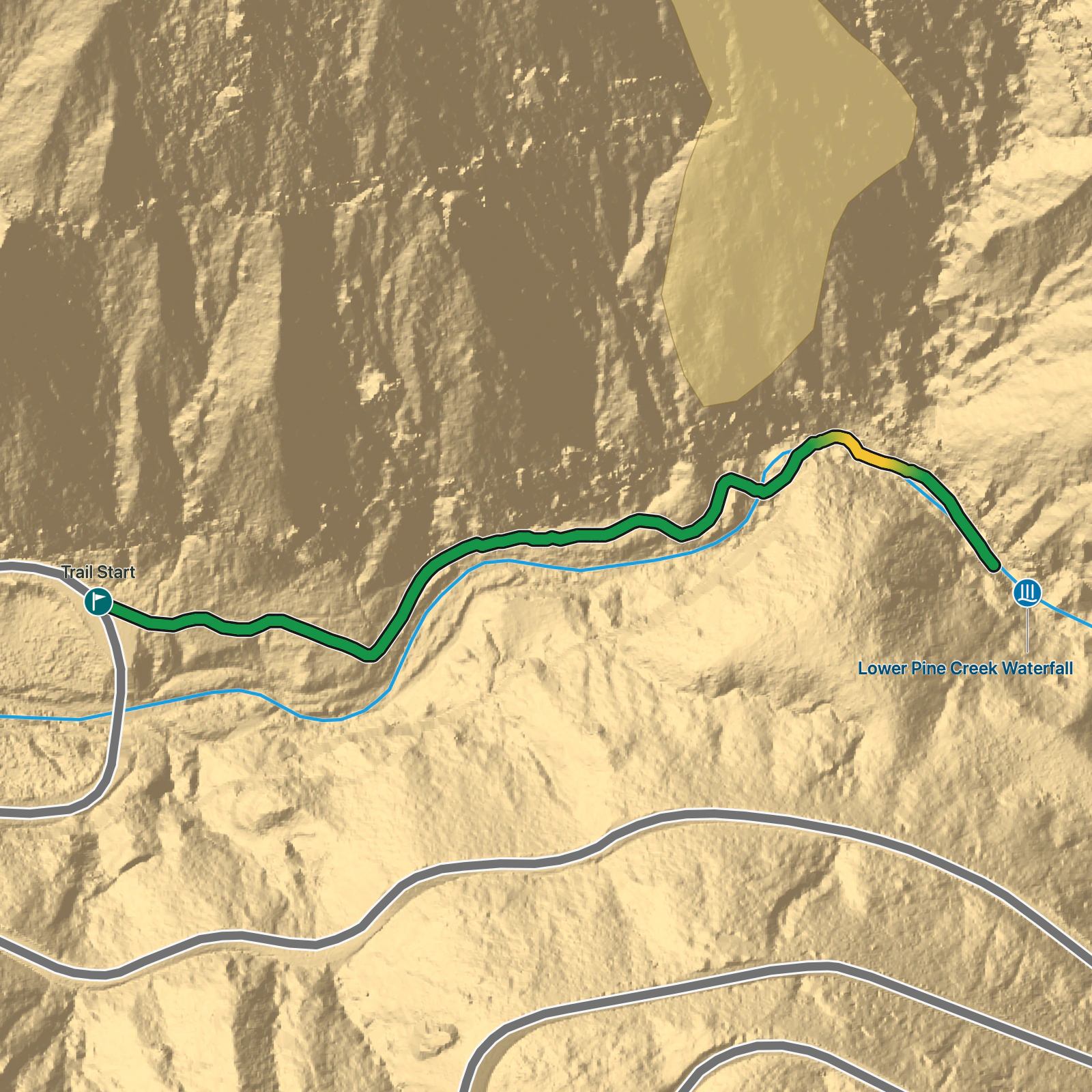 Terrain map of Lower Pine Creek Waterfall in Zion National Park