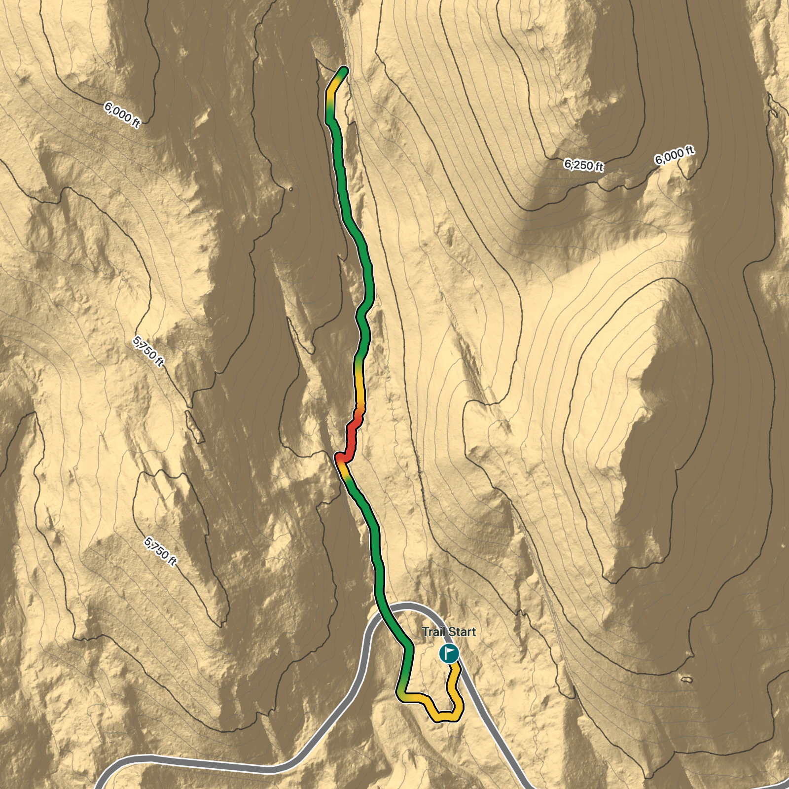 Terrain map of Petroglyph Pools to Slot Canyon in Zion National Park