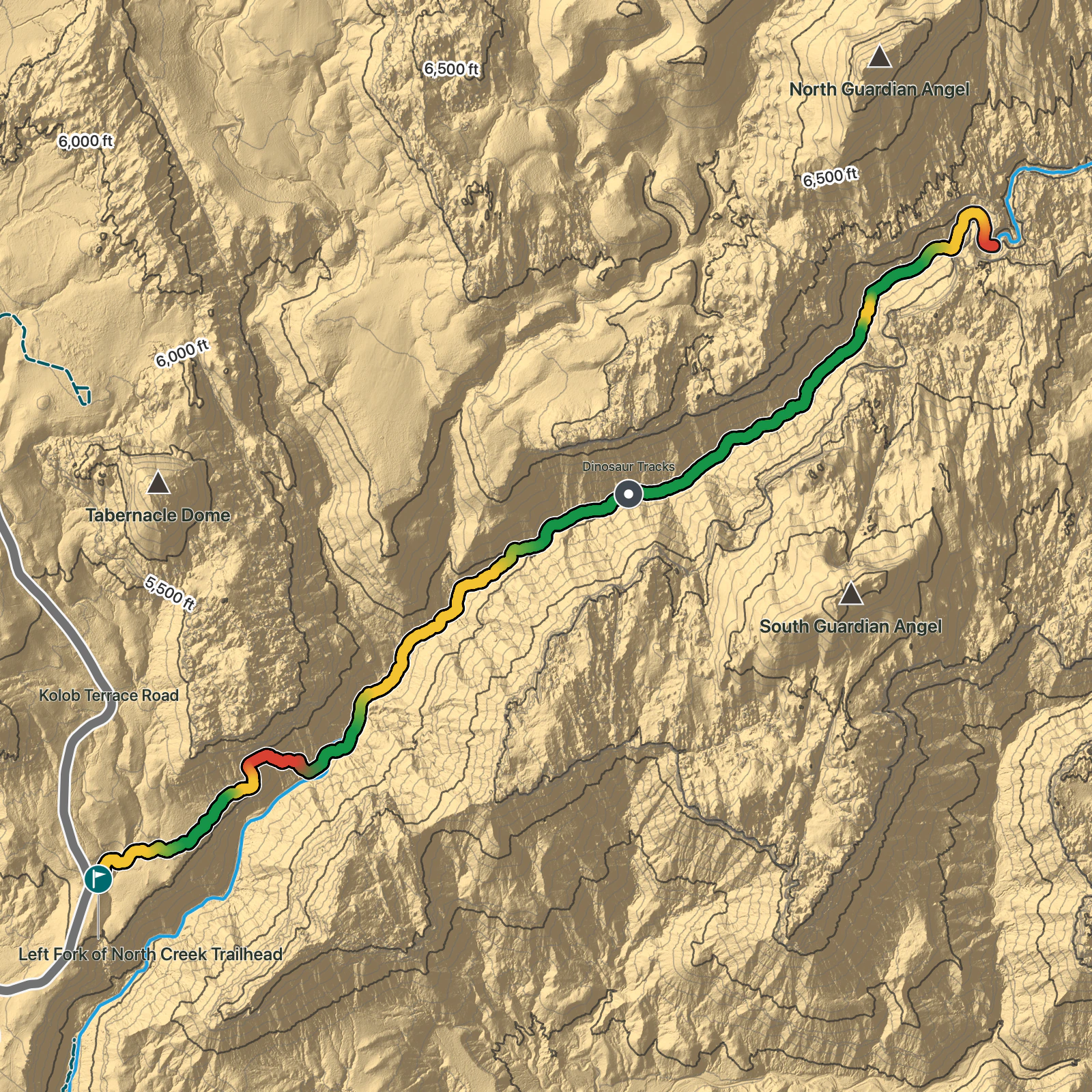 Terrain map of The Subway from Left Fork Trailhead in Zion National Park