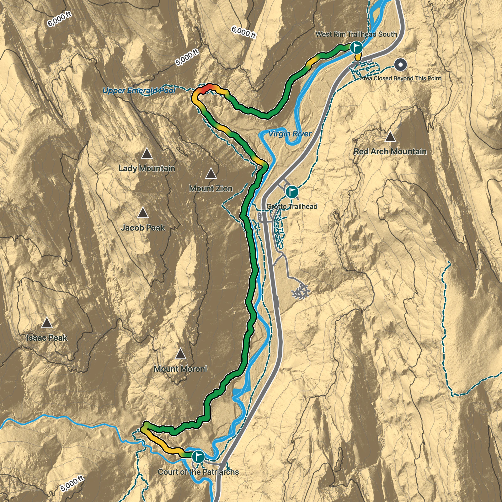 Terrain map of West Bank of the Virgin River in Zion National Park